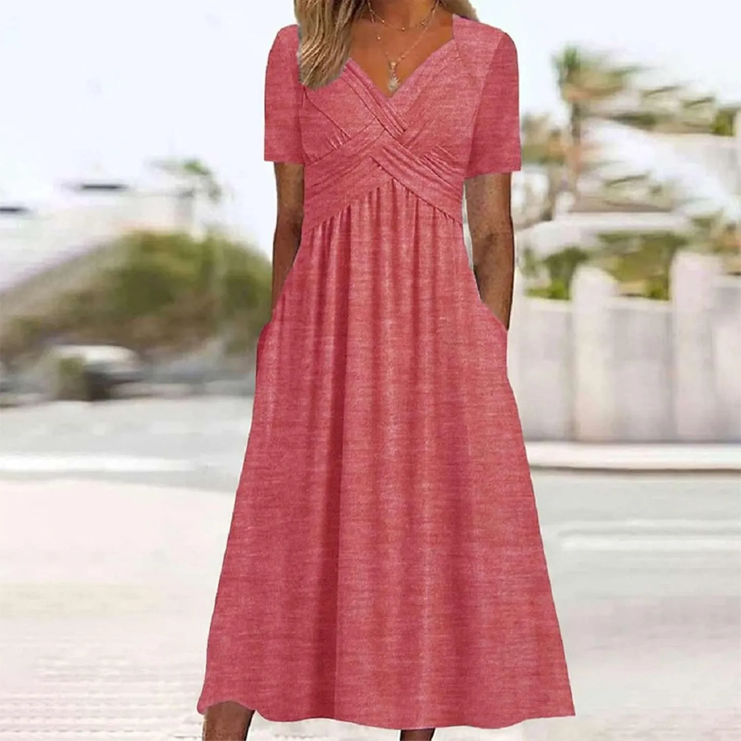 Women's Boho Floral Flowy A Line Midi Dress Casual Summer Short Sleeve Beach Vacation Dresses with Pockets