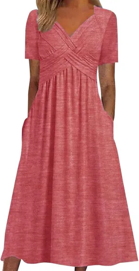 Women's Boho Floral Flowy A Line Midi Dress Casual Summer Short Sleeve Beach Vacation Dresses with Pockets