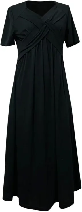 Women's Boho Floral Flowy A Line Midi Dress Casual Summer Short Sleeve Beach Vacation Dresses with Pockets