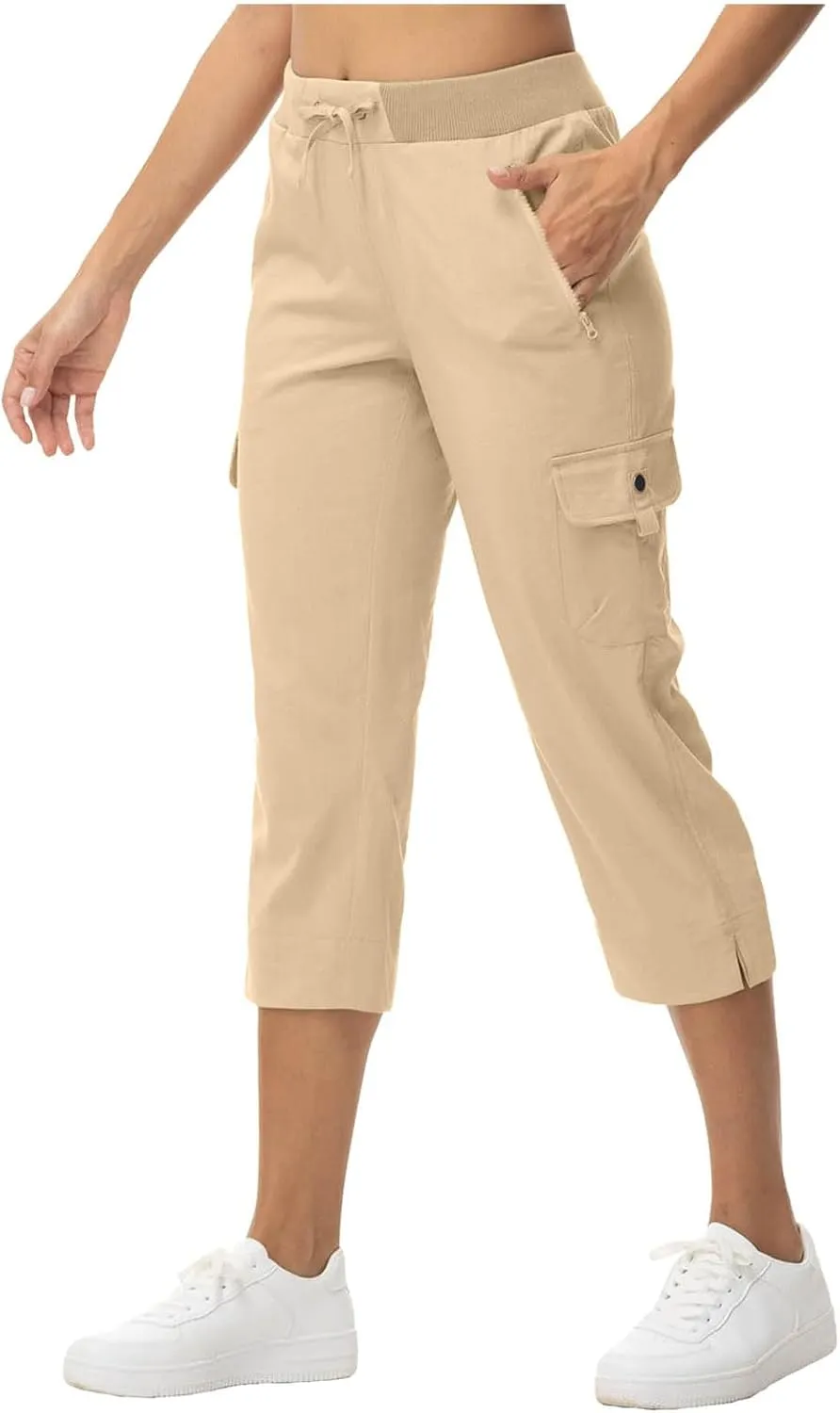 Women's Casual Capri Pants High Waisted Cargo Pants Relaxed Fit Straight Leg Workout Trousers with Pocket Plus Size