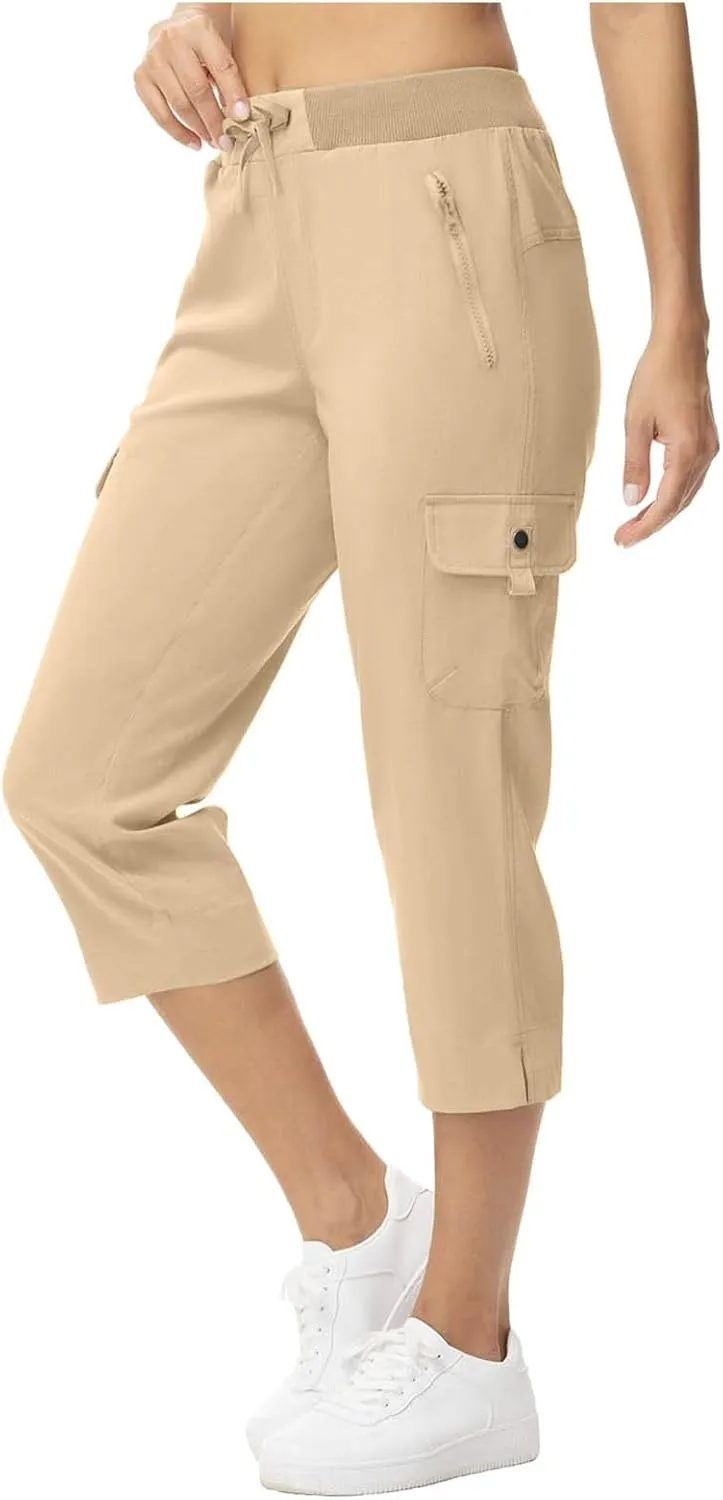Women's Casual Capri Pants High Waisted Cargo Pants Relaxed Fit Straight Leg Workout Trousers with Pocket Plus Size