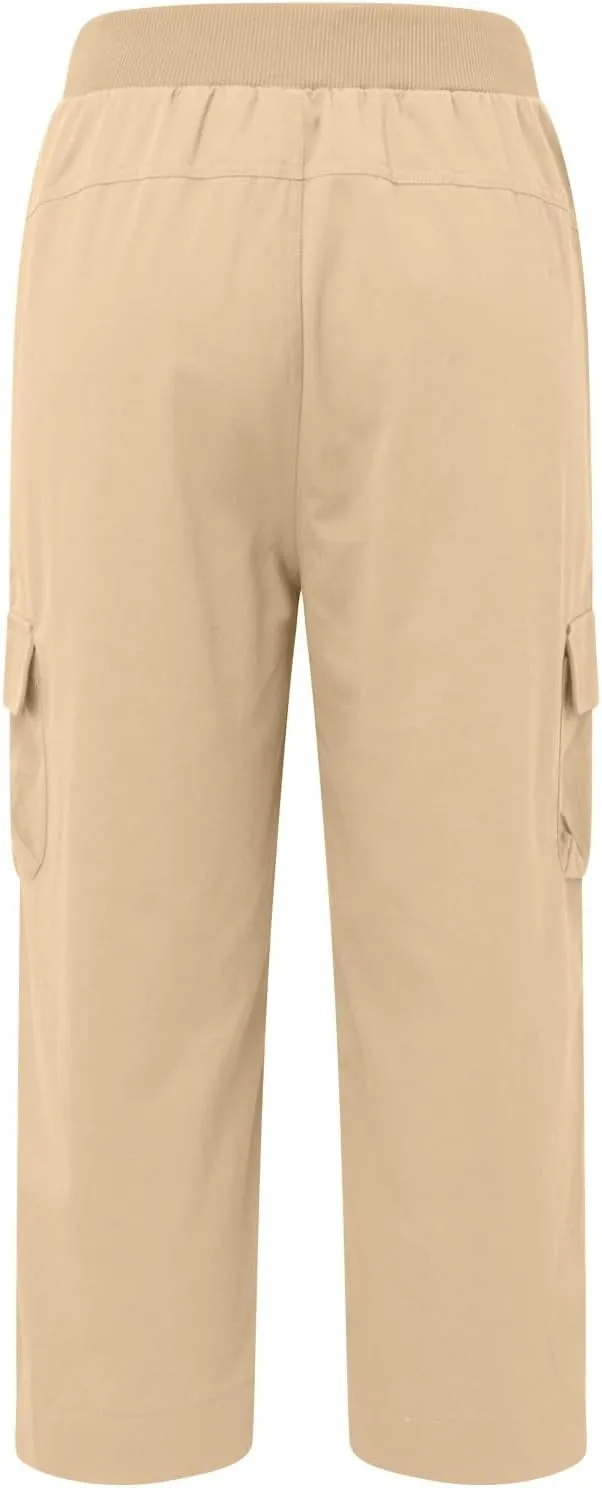 Women's Casual Capri Pants High Waisted Cargo Pants Relaxed Fit Straight Leg Workout Trousers with Pocket Plus Size