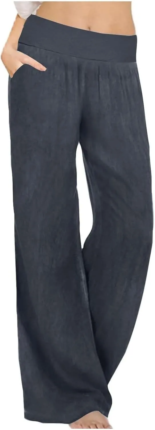 Womens Casual Palazzo Pants Trendy Mid Rise Straight Wide Leg Lightweight Ladies Relaxed Fit Lounge Trousers Vacation