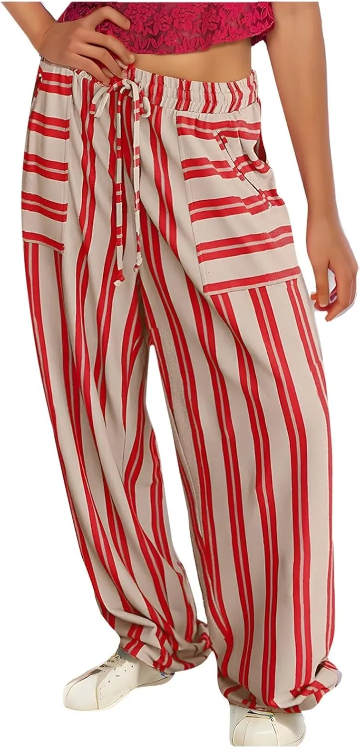 Women's Casual Pants High Waisted Striped Straight Wide Leg Ladies Baggy Relaxed Fit Y2k Trousers Pockets Plus Size