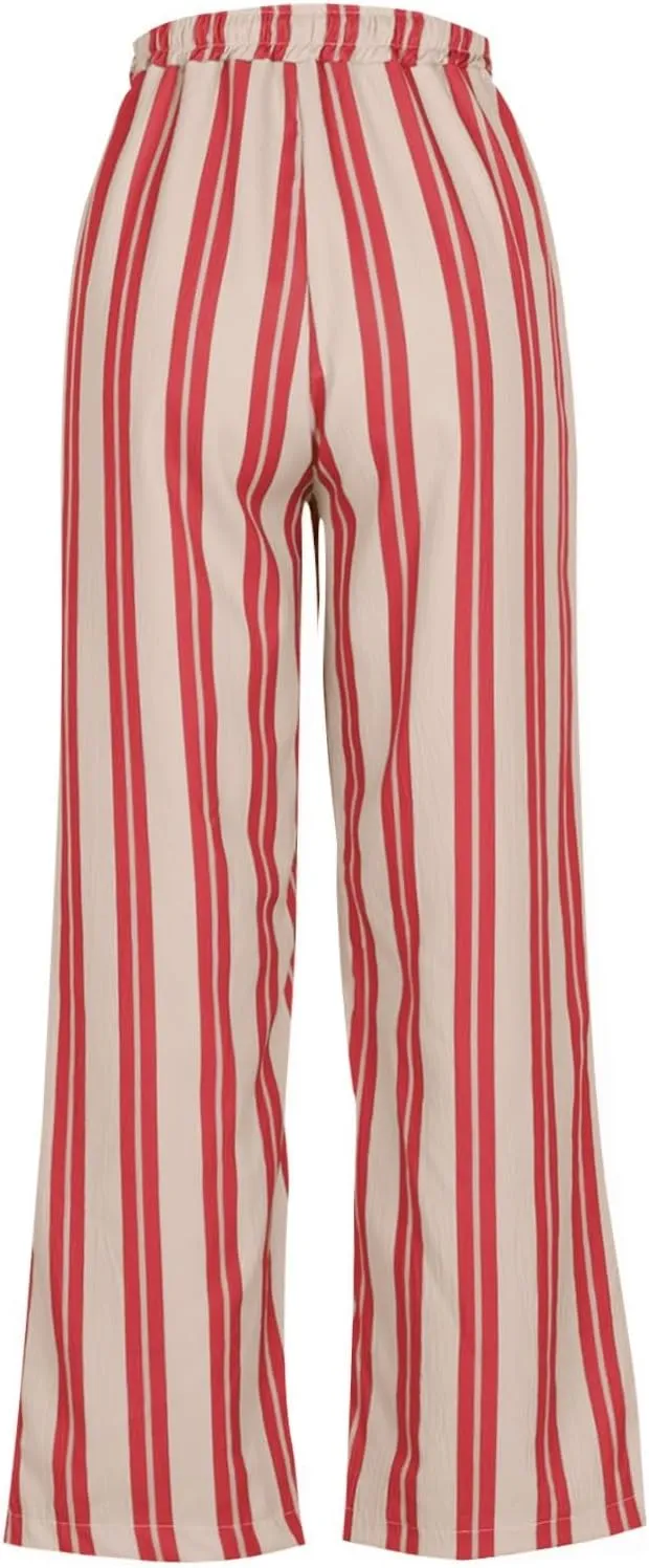 Women's Casual Pants High Waisted Striped Straight Wide Leg Ladies Baggy Relaxed Fit Y2k Trousers Pockets Plus Size