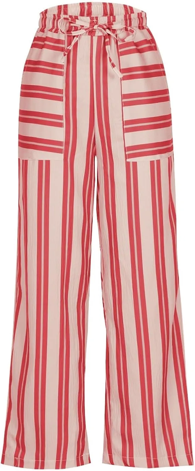 Women's Casual Pants High Waisted Striped Straight Wide Leg Ladies Baggy Relaxed Fit Y2k Trousers Pockets Plus Size