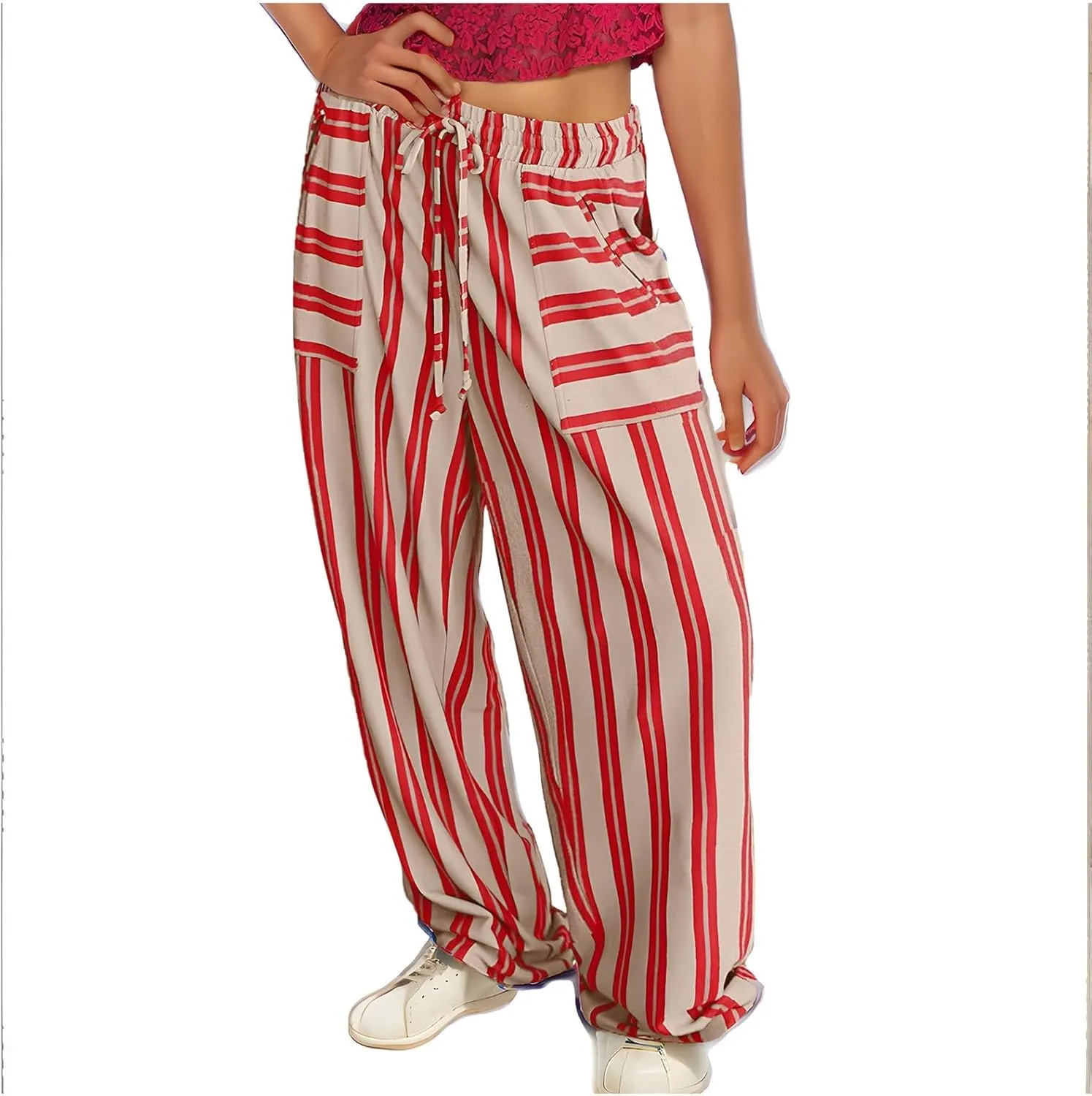 Women's Casual Pants High Waisted Striped Straight Wide Leg Ladies Baggy Relaxed Fit Y2k Trousers Pockets Plus Size