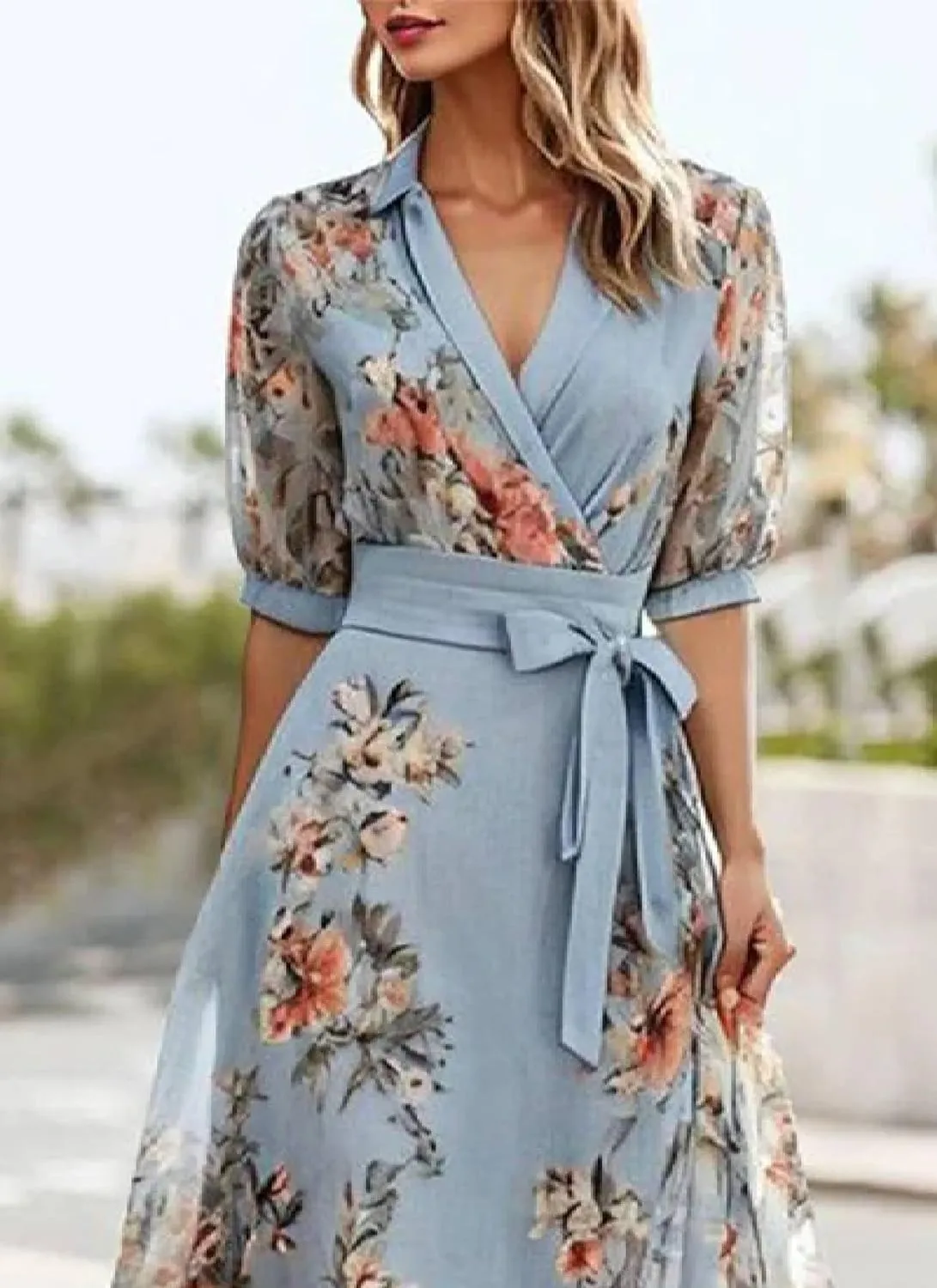 Women's Elegant Floral Print Wrap Midi Dress 2025 Summer V Neck Short Sleeve High Waist Midi Dress with Pockets