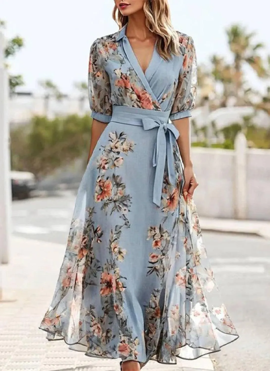 Women's Elegant Floral Print Wrap Midi Dress 2025 Summer V Neck Short Sleeve High Waist Midi Dress with Pockets