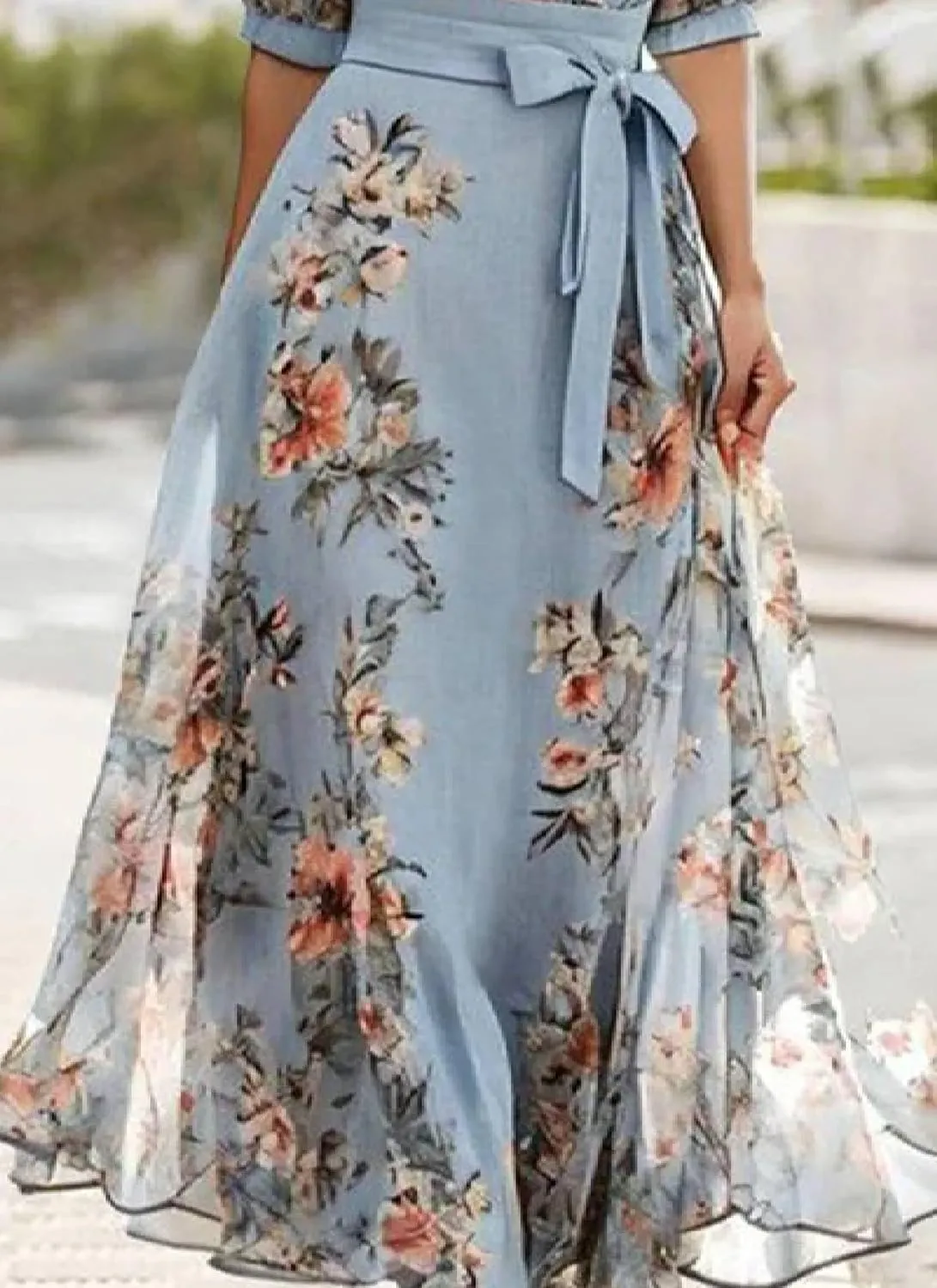 Women's Elegant Floral Print Wrap Midi Dress 2025 Summer V Neck Short Sleeve High Waist Midi Dress with Pockets