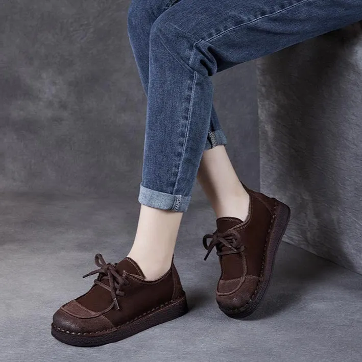 Women's Handcrafted Patchwork Leather Flat Lace-up Casual Comfort Shoes