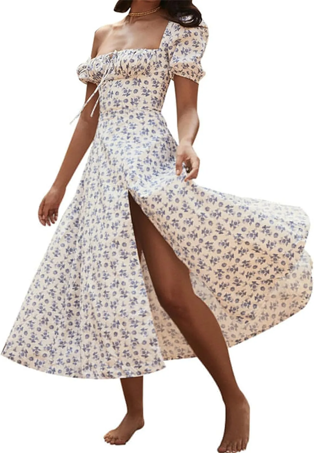 Women's Puff Short Sleeve Floral Dress Casual Flowy Beach Maxi Dresses Smocked Backless Beach Flowy Tiered Sundress
