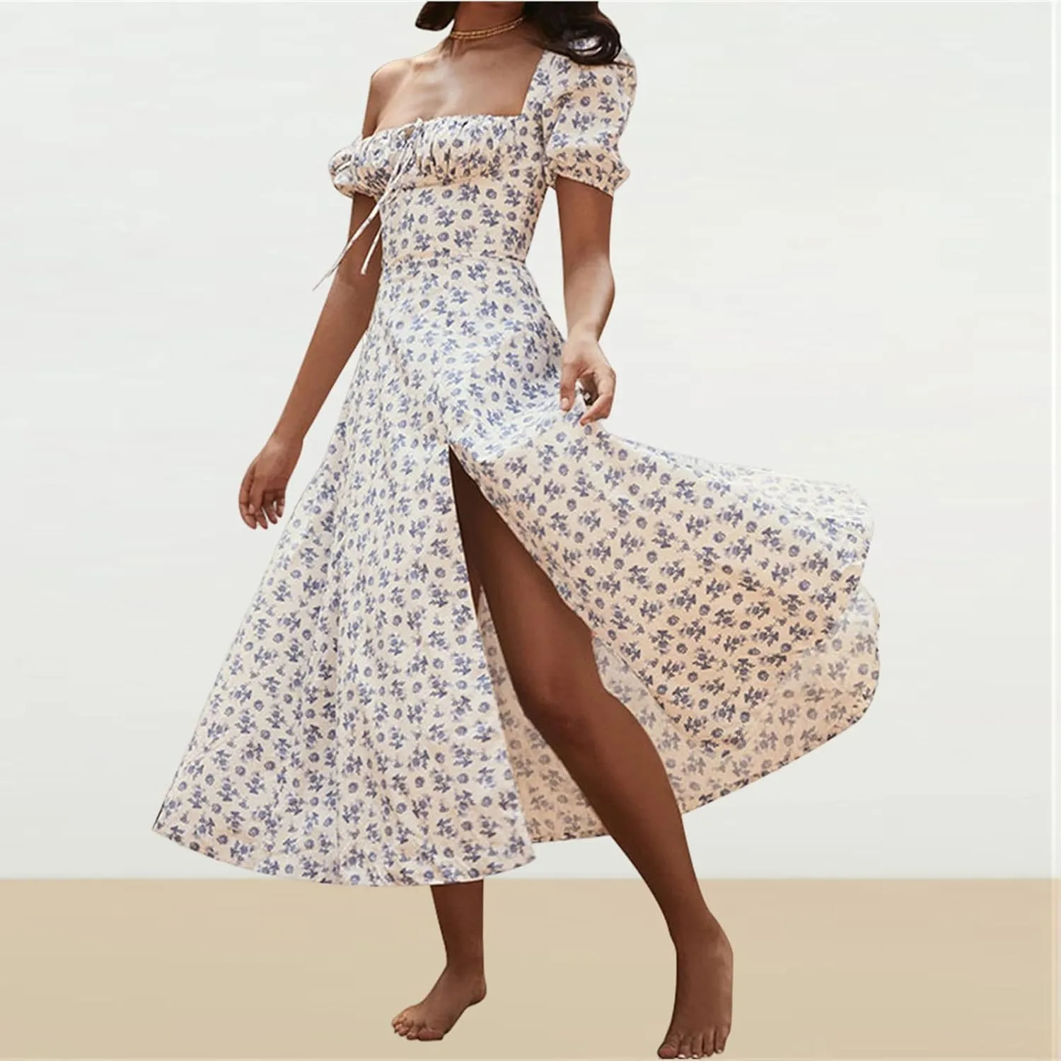 Women's Puff Short Sleeve Floral Dress Casual Flowy Beach Maxi Dresses Smocked Backless Beach Flowy Tiered Sundress