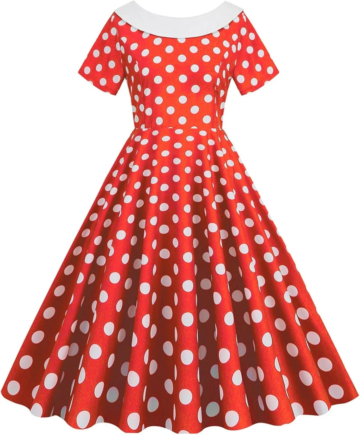 Womens Retro Polka Dot Crewneck Short Sleeve Hepburn Style Dresses 1950s Vintage Tea Party A-Line Swing Dress