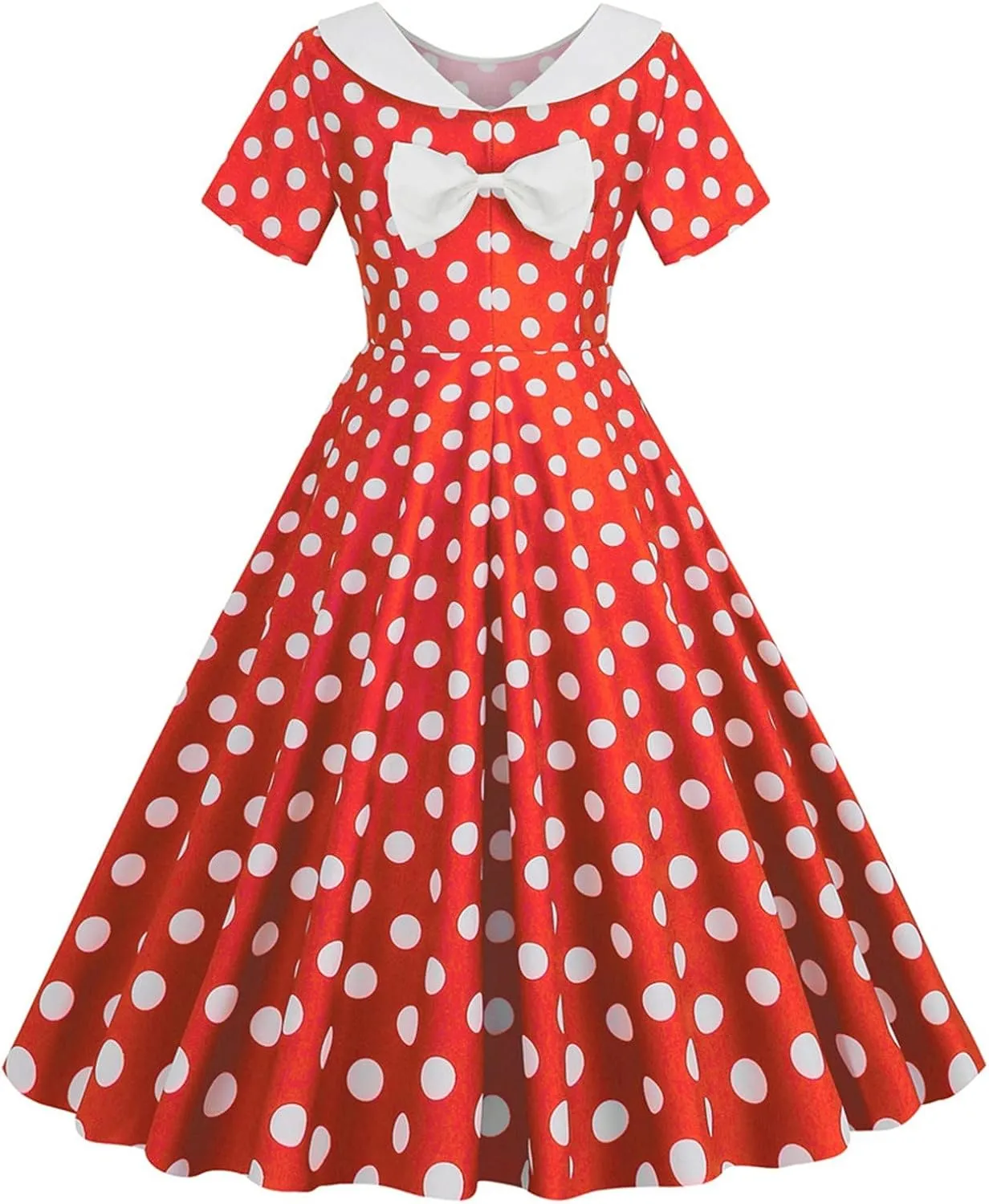 Womens Retro Polka Dot Crewneck Short Sleeve Hepburn Style Dresses 1950s Vintage Tea Party A-Line Swing Dress