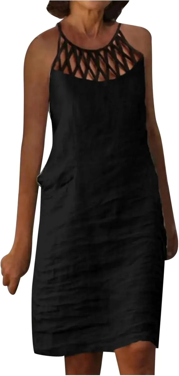 Women's Sleeveless Cut - Out Neckline Mini Dresses 2025 Casual Summer Chic Shift Dress for City Walks, Shopping Dates