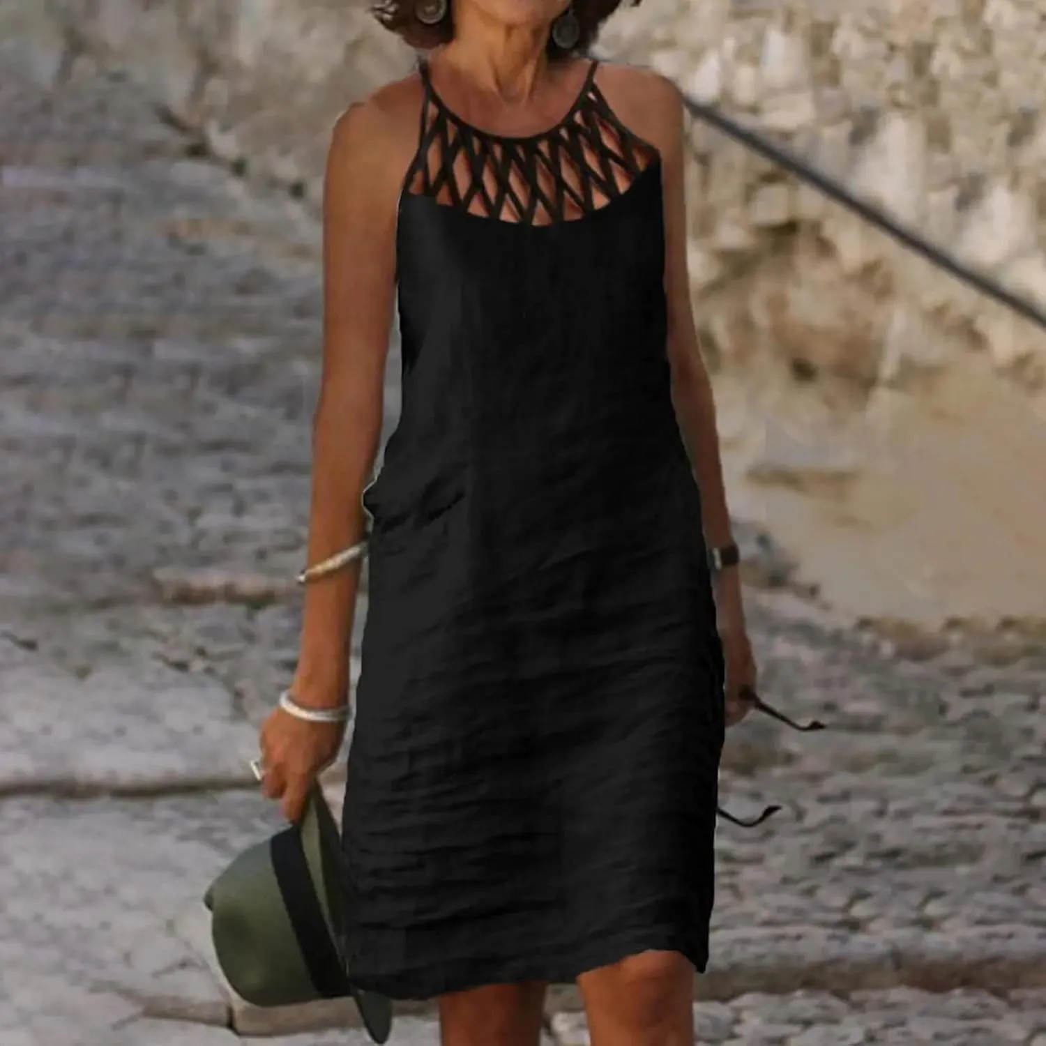 Women's Sleeveless Cut - Out Neckline Mini Dresses 2025 Casual Summer Chic Shift Dress for City Walks, Shopping Dates