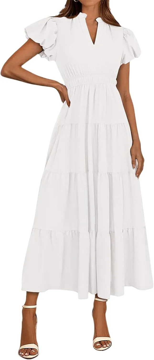Womens Summer Dresses Casual V Neck Elastic Waist Maxi Dresses Smocked Tiered Ruffle Beach Vacation Dress