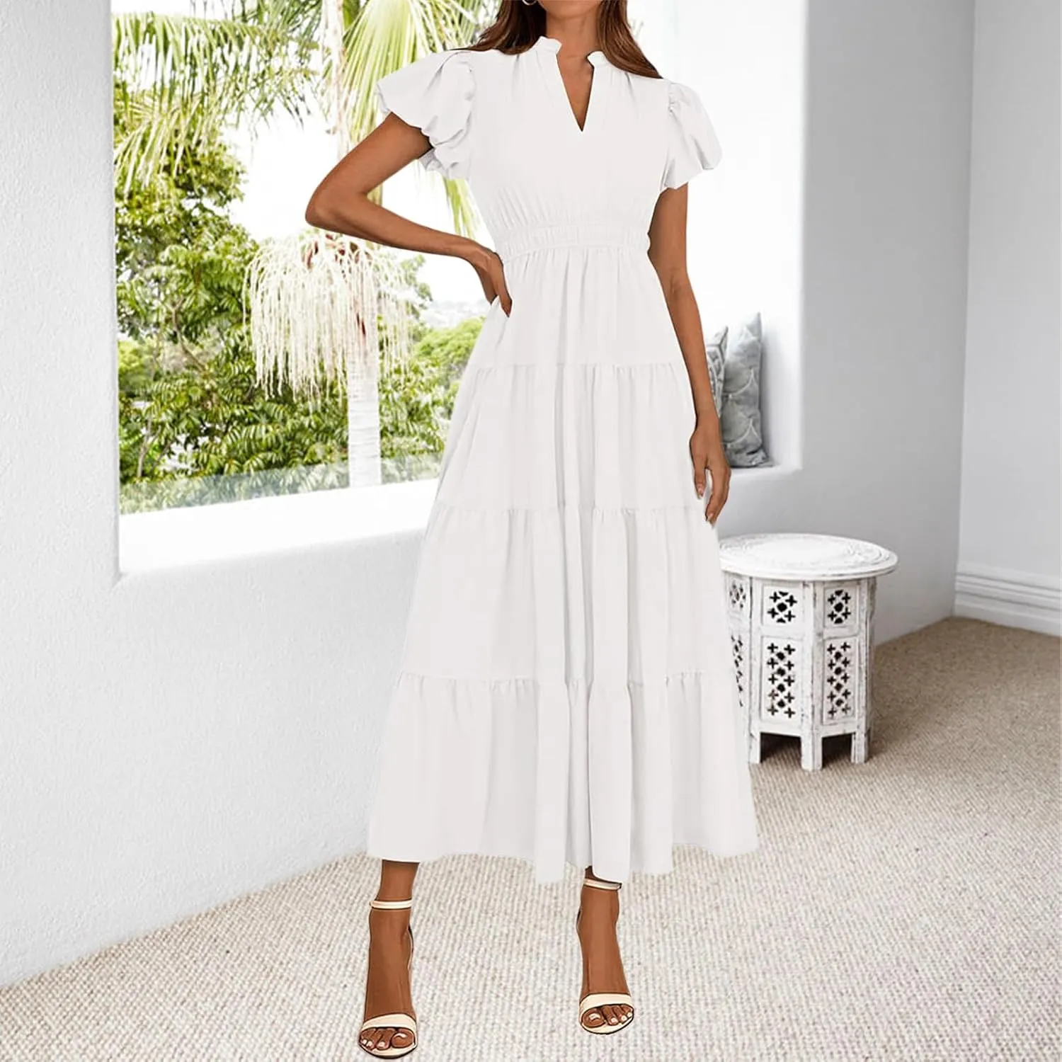 Womens Summer Dresses Casual V Neck Elastic Waist Maxi Dresses Smocked Tiered Ruffle Beach Vacation Dress