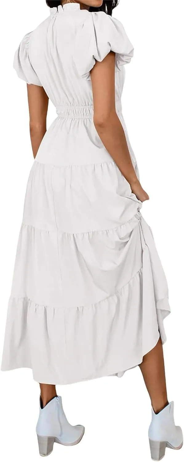 Womens Summer Dresses Casual V Neck Elastic Waist Maxi Dresses Smocked Tiered Ruffle Beach Vacation Dress