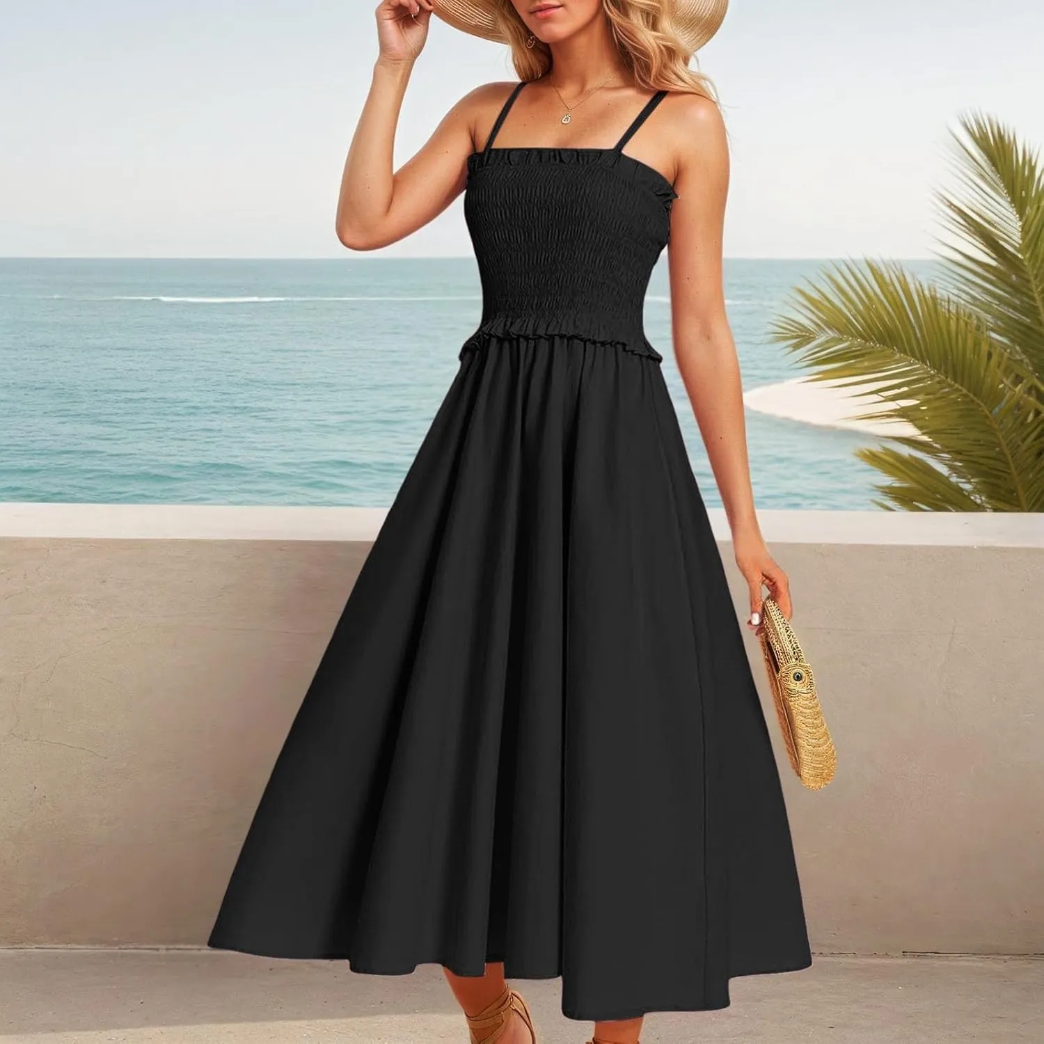 Women's Summer Maxi Dress 2025 Casual Boho Sleeveless Spaghetti Strap Tiered Long Beach Sundresses