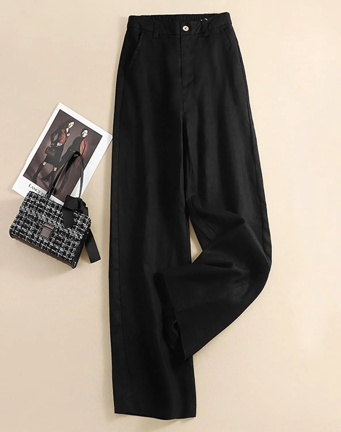 Women's Wide Leg Linen Palazzo Pants Elastic High Waist with Pocket for Work&Daily
