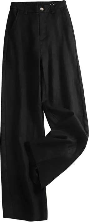 Women's Wide Leg Linen Palazzo Pants Elastic High Waist with Pocket for Work&Daily
