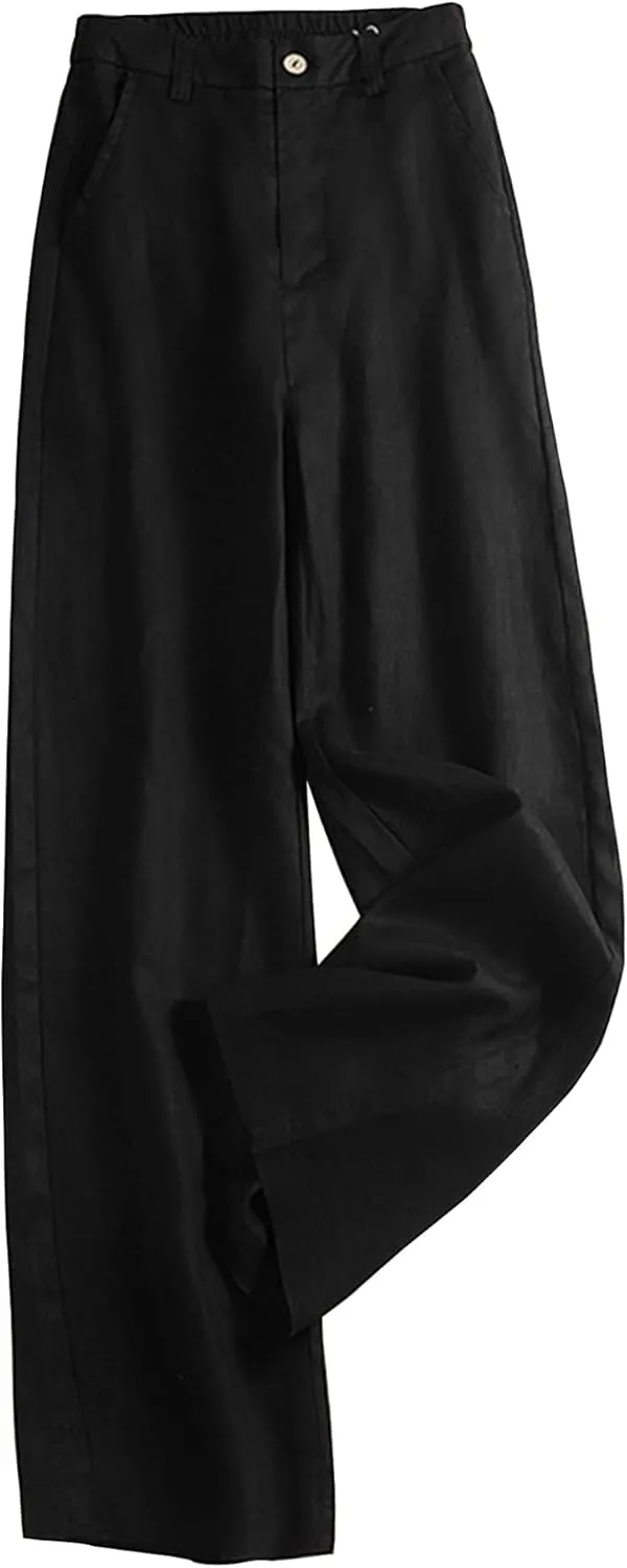 Women's Wide Leg Linen Palazzo Pants Elastic High Waist with Pocket for Work&Daily