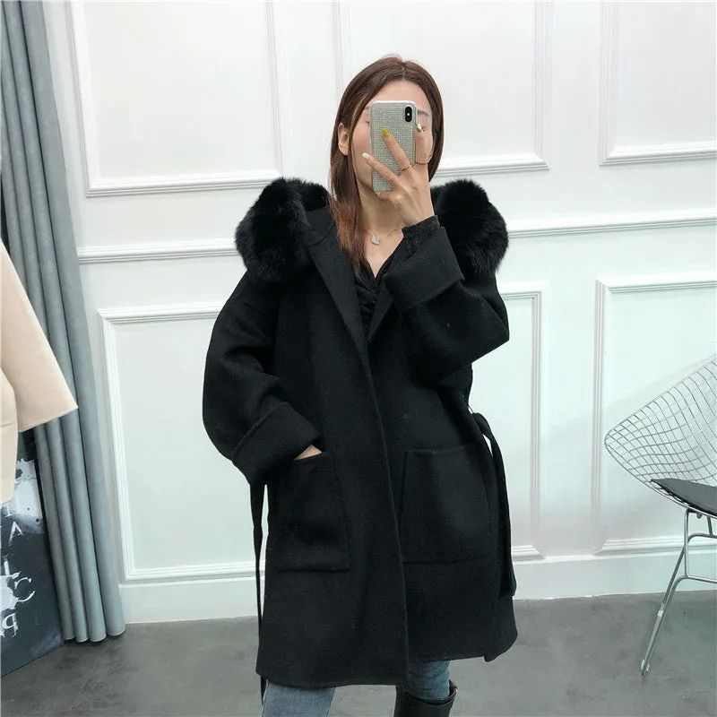 Women's Winter Casual Hooded Long Trench With Fox Fur