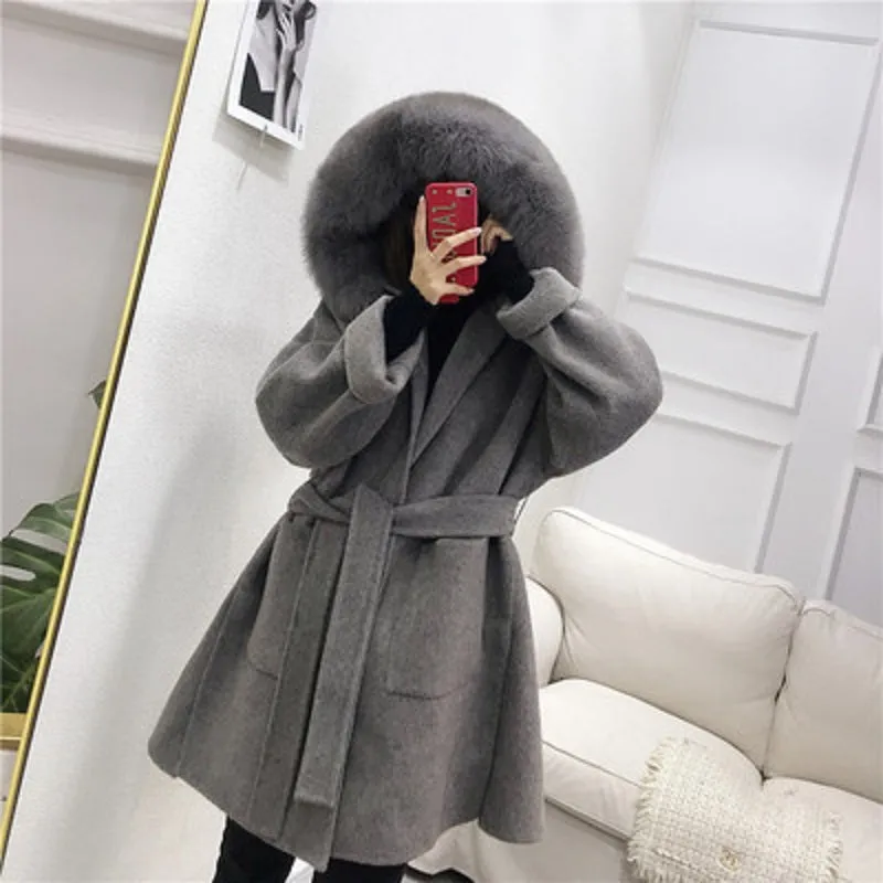 Women's Winter Casual Hooded Long Trench With Fox Fur