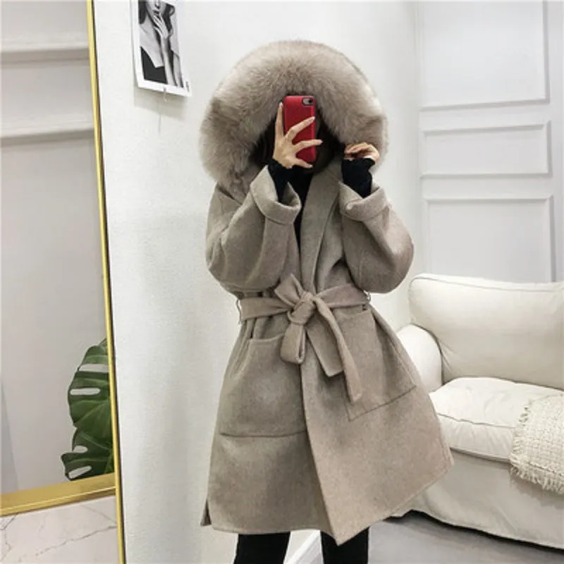Women's Winter Casual Hooded Long Trench With Fox Fur