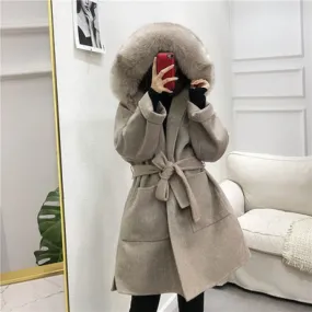 Women's Winter Casual Hooded Long Trench With Fox Fur