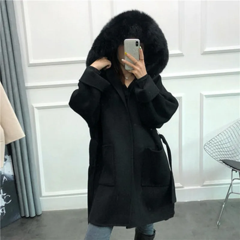 Women's Winter Casual Hooded Long Trench With Fox Fur