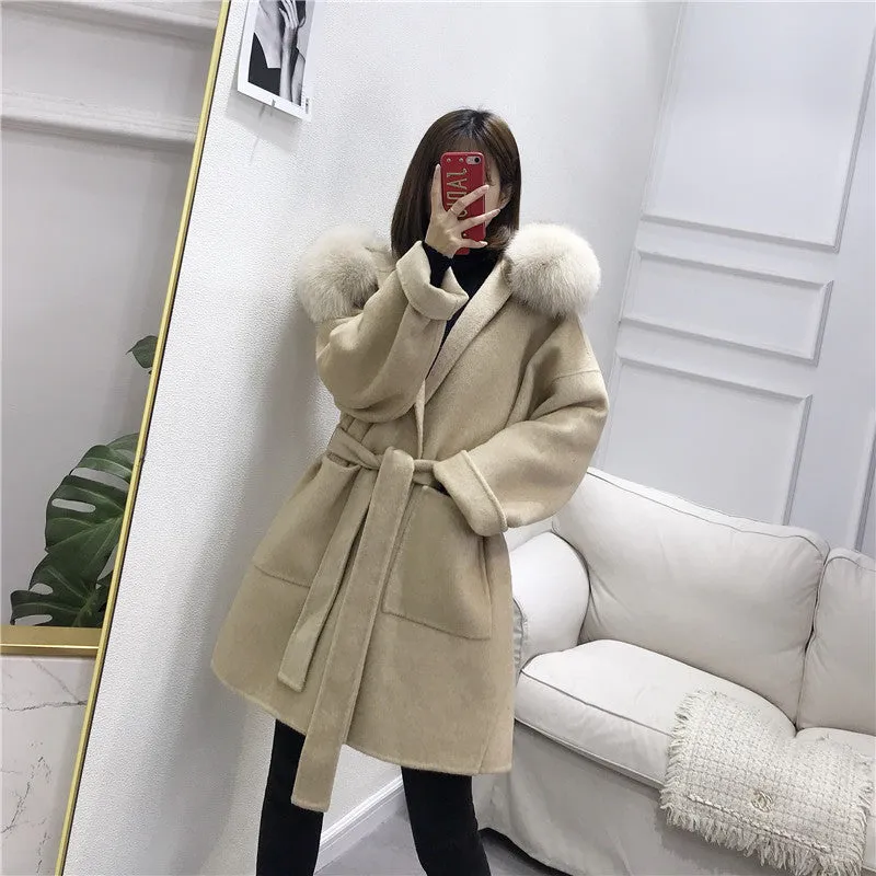 Women's Winter Casual Hooded Long Trench With Fox Fur