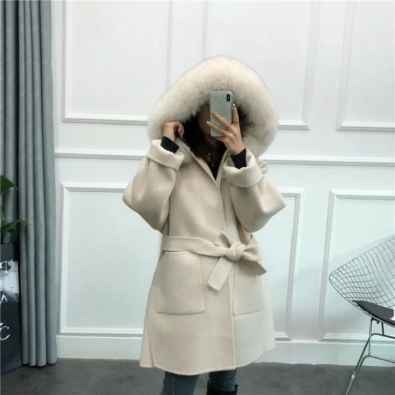 Women's Winter Casual Hooded Long Trench With Fox Fur