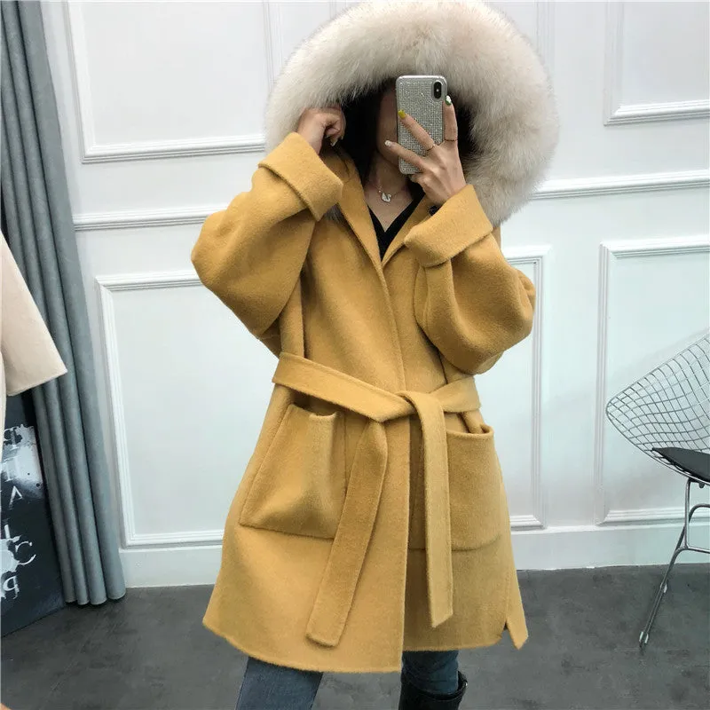 Women's Winter Casual Hooded Long Trench With Fox Fur