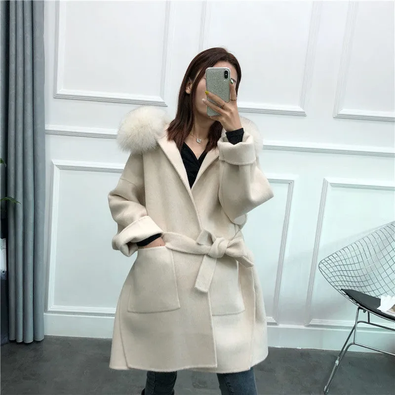 Women's Winter Casual Hooded Long Trench With Fox Fur