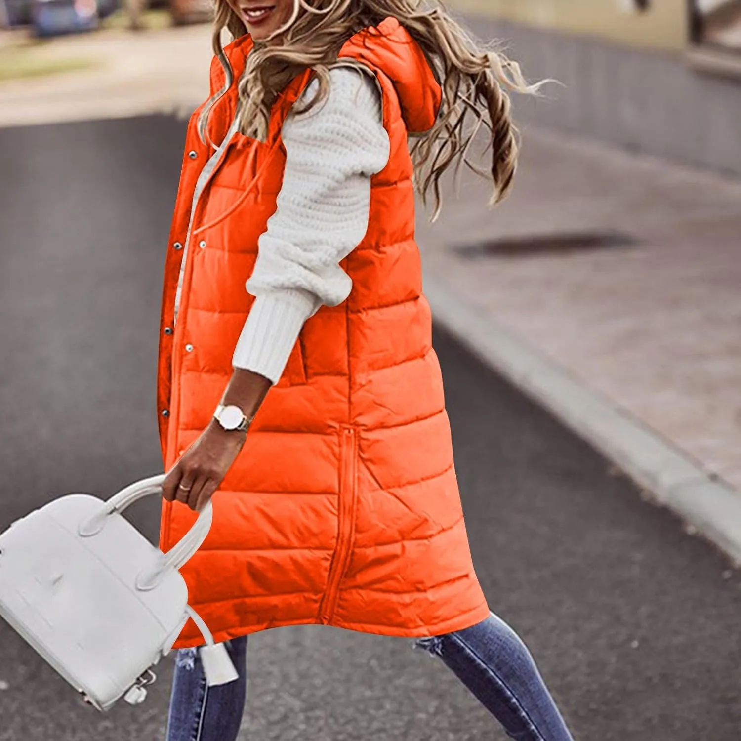 Womens Winter Fashion Button Zip Up Puffer Coat Sleeveless Hooded Down Coat Casual Warm Soft Overcoat Outdoor Clothes