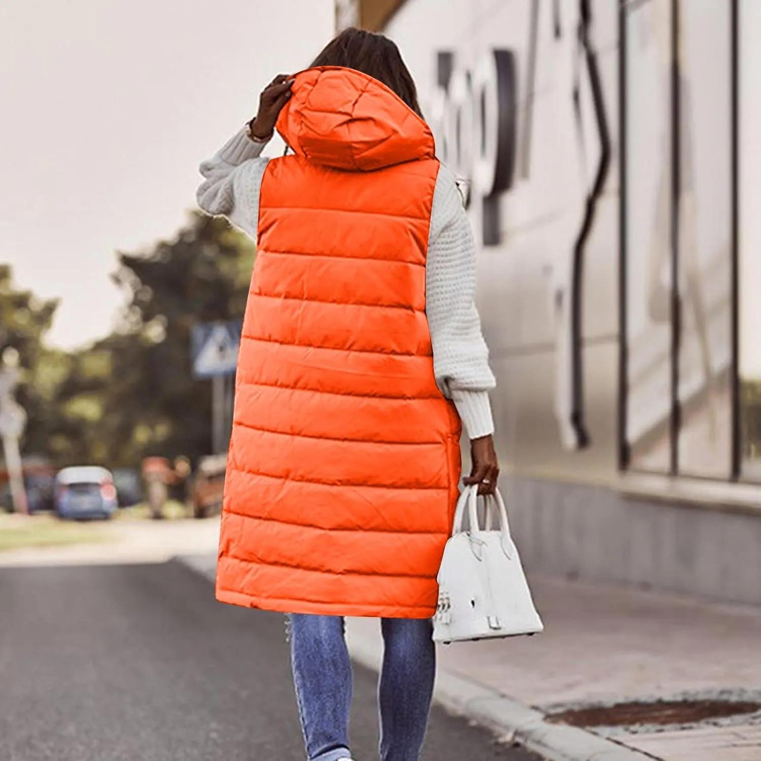 Womens Winter Fashion Button Zip Up Puffer Coat Sleeveless Hooded Down Coat Casual Warm Soft Overcoat Outdoor Clothes