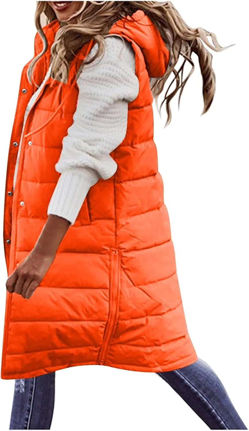 Womens Winter Fashion Button Zip Up Puffer Coat Sleeveless Hooded Down Coat Casual Warm Soft Overcoat Outdoor Clothes