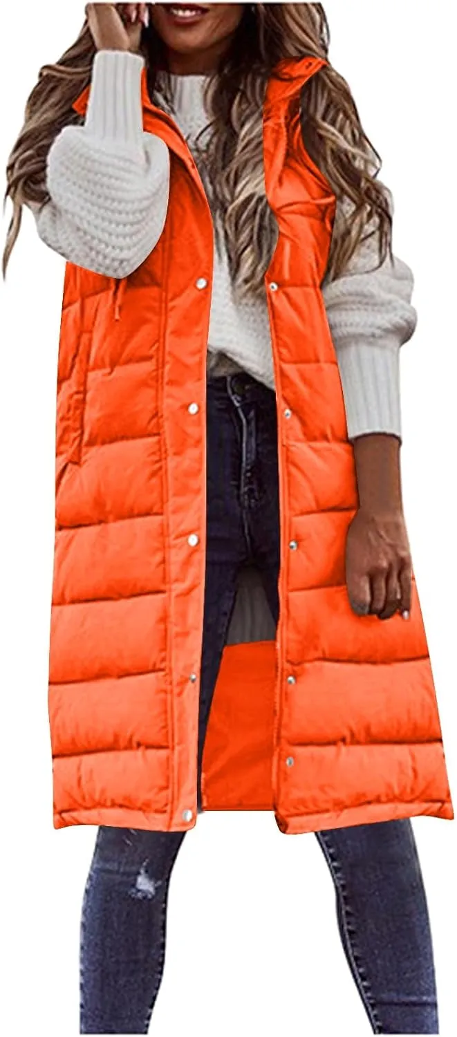 Womens Winter Fashion Button Zip Up Puffer Coat Sleeveless Hooded Down Coat Casual Warm Soft Overcoat Outdoor Clothes