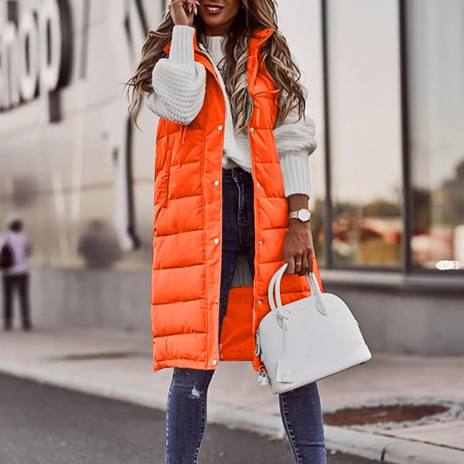 Womens Winter Fashion Button Zip Up Puffer Coat Sleeveless Hooded Down Coat Casual Warm Soft Overcoat Outdoor Clothes