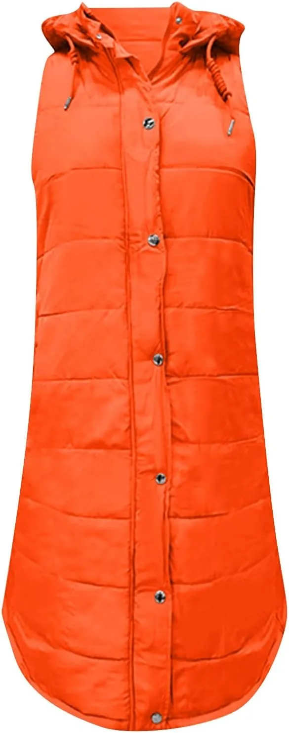 Womens Winter Fashion Button Zip Up Puffer Coat Sleeveless Hooded Down Coat Casual Warm Soft Overcoat Outdoor Clothes
