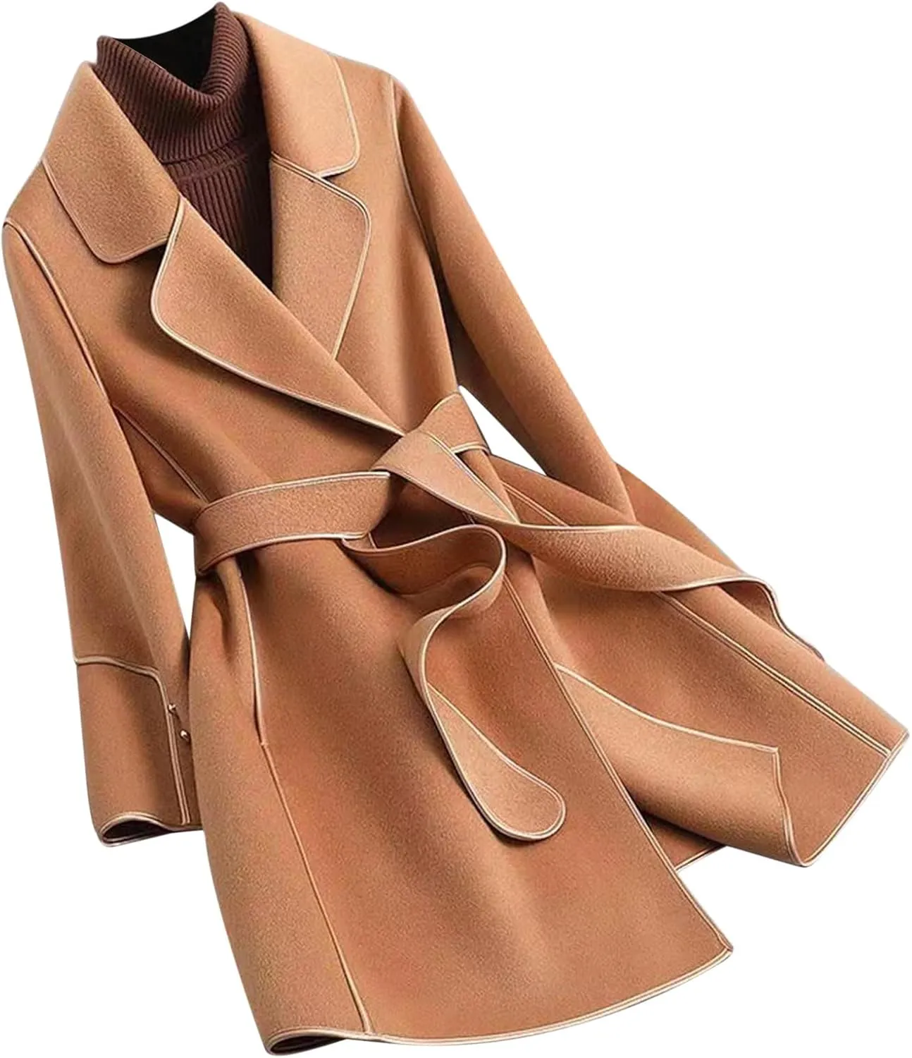 Womens Wool Coat Casual Double Breasted Lapel Jacket Work Office Long Winter Pea Coats Belted Trench Coat