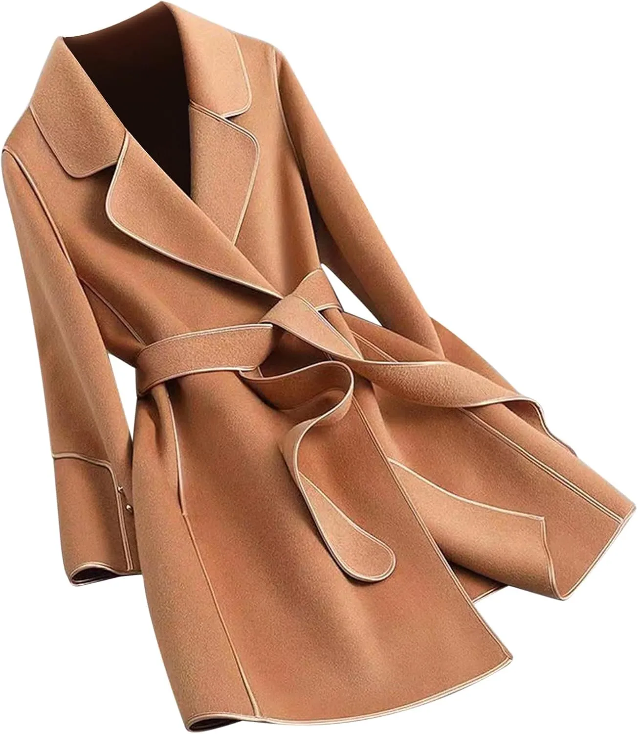 Womens Wool Coat Casual Double Breasted Lapel Jacket Work Office Long Winter Pea Coats Belted Trench Coat