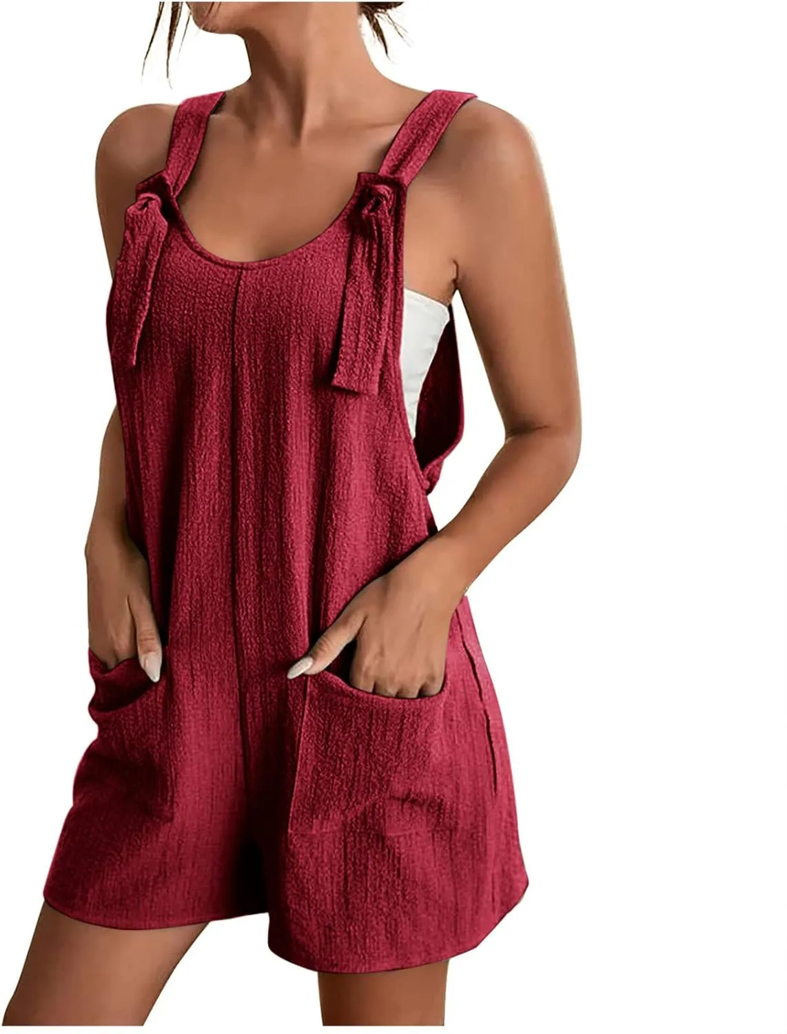 YRAETENM Rompers for Women Summer Casual Sleeveless Adjustable Strap Knot Shorts Overalls Loose Comfy Jumpsuits with Pockets