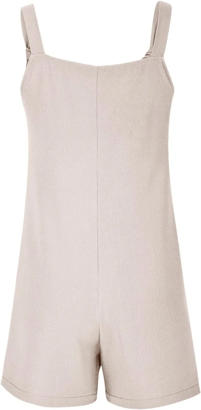 YRAETENM Rompers for Women Summer Casual Sleeveless Adjustable Strap Knot Shorts Overalls Loose Comfy Jumpsuits with Pockets