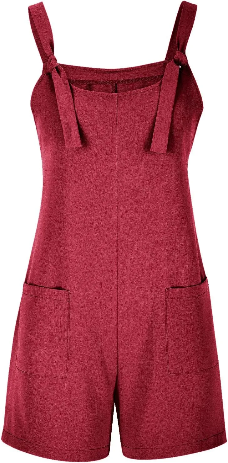 YRAETENM Rompers for Women Summer Casual Sleeveless Adjustable Strap Knot Shorts Overalls Loose Comfy Jumpsuits with Pockets