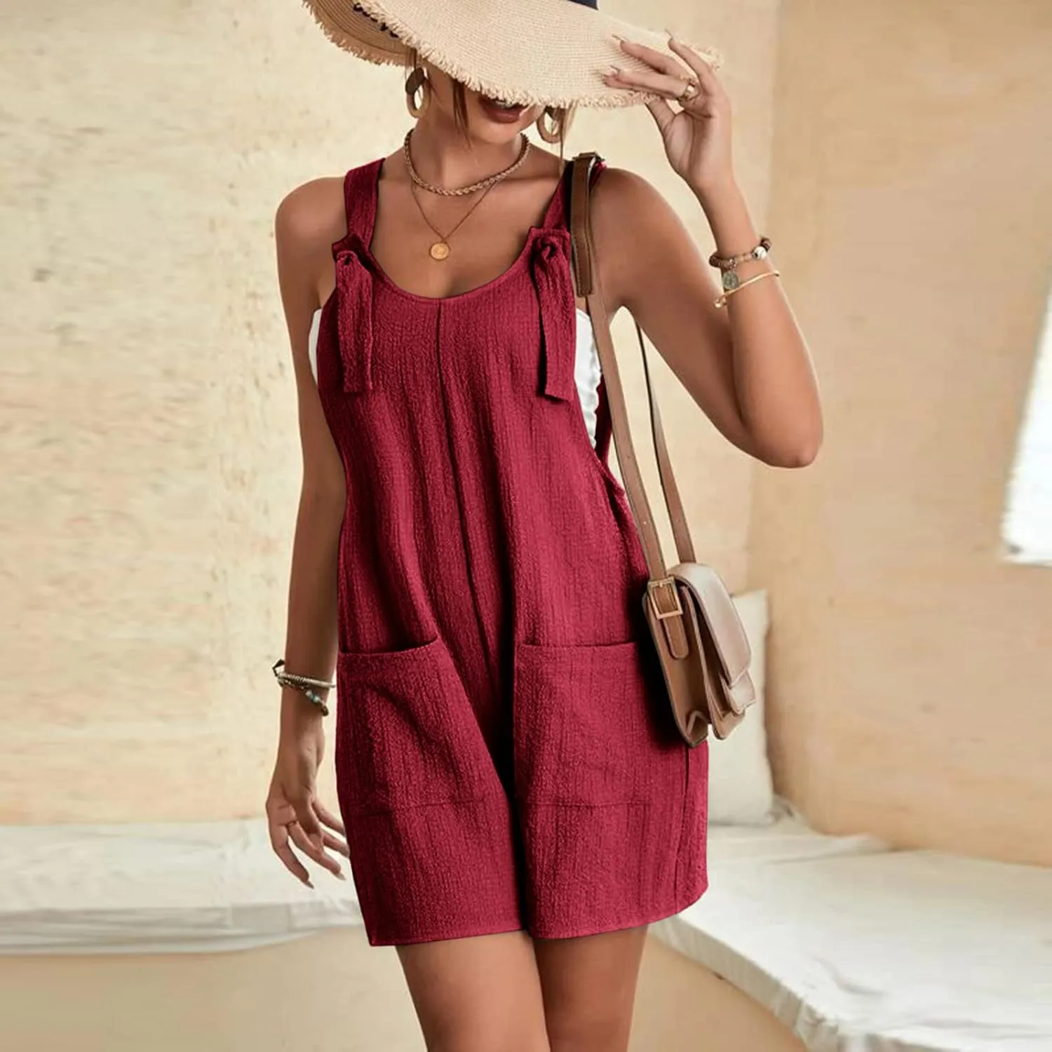 YRAETENM Rompers for Women Summer Casual Sleeveless Adjustable Strap Knot Shorts Overalls Loose Comfy Jumpsuits with Pockets