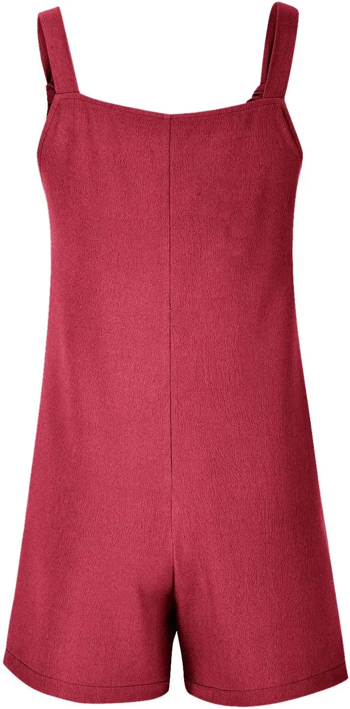 YRAETENM Rompers for Women Summer Casual Sleeveless Adjustable Strap Knot Shorts Overalls Loose Comfy Jumpsuits with Pockets